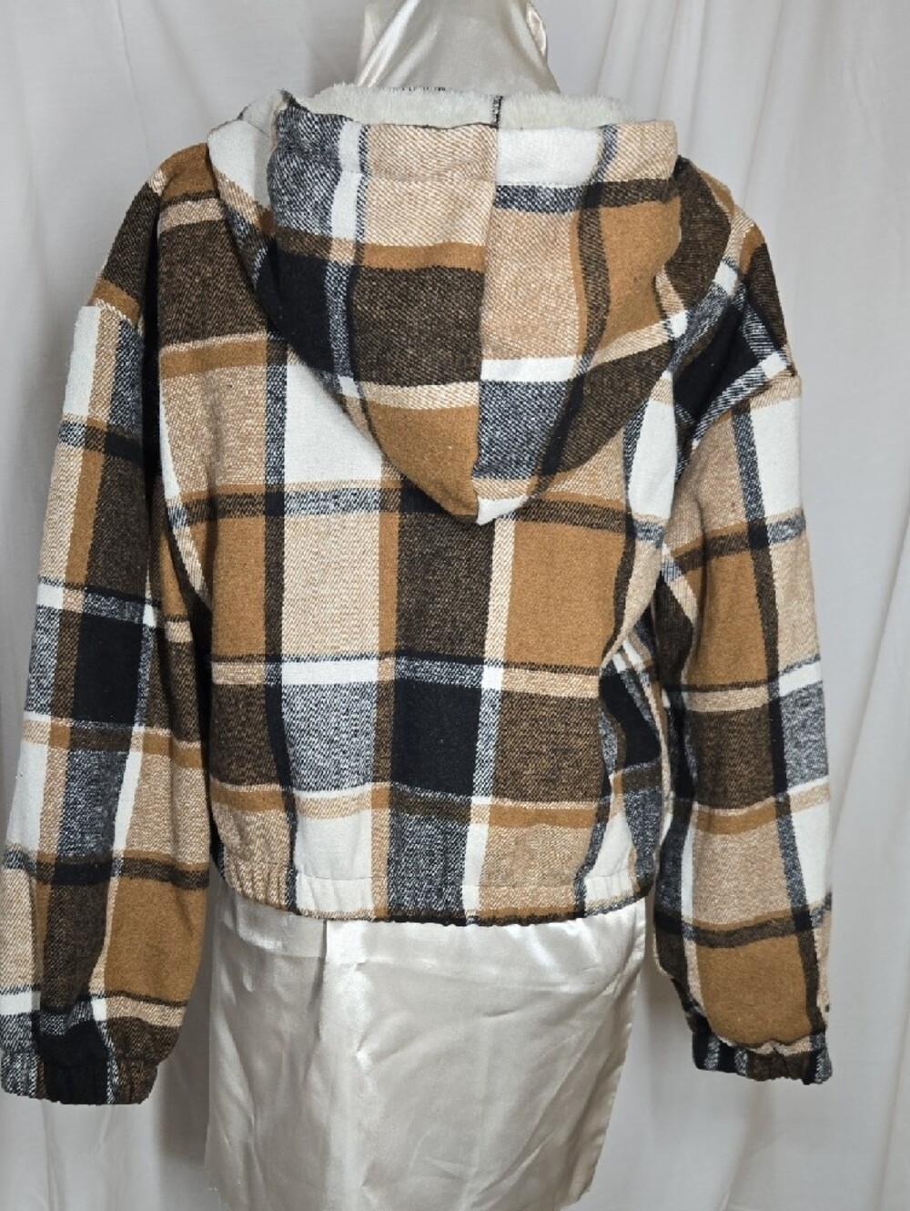 Plaid Zip-Up Hoodie Jacket in Camel, Black & White - Picture 2 of 8